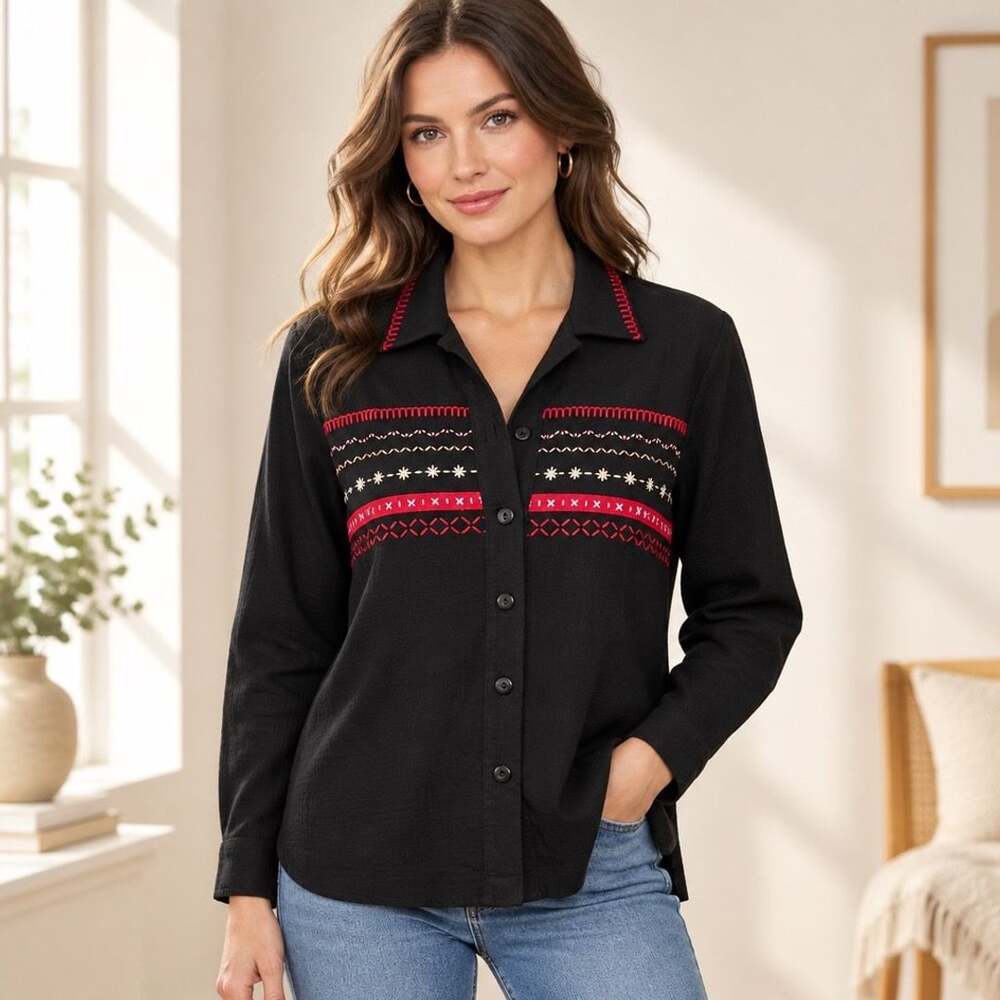 Saint Germain Embroidered Button Down Shirt Size Large Black Cotton